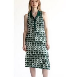 House of Harlow 1960 Knit Midi Dress Medium Green Cream Geometric Collared